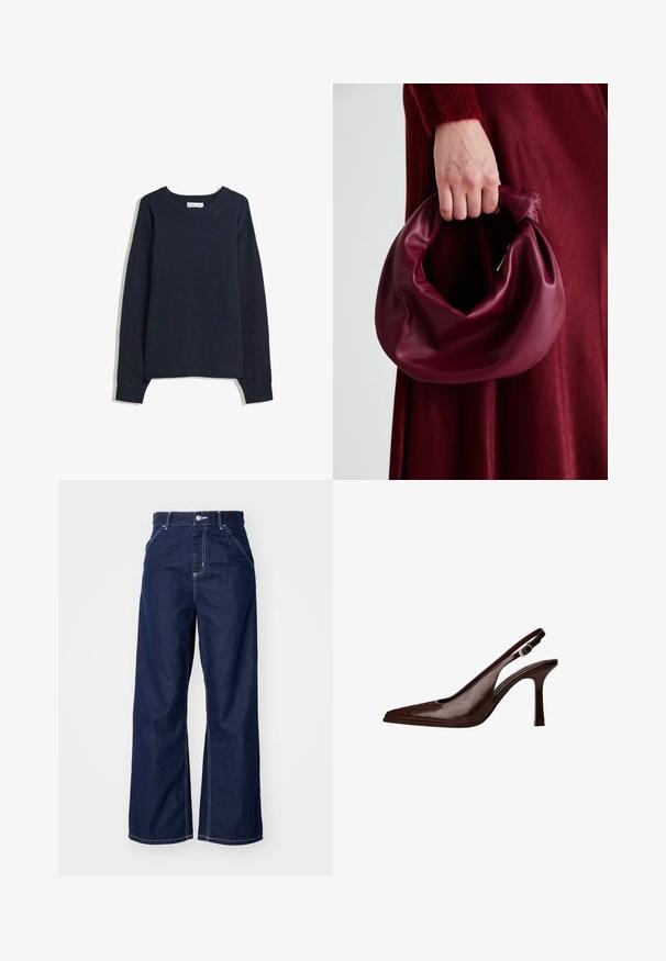Námořnická modrá svetr s výstřihem do V, dlouhými rukávy, žebrovanými manžetami a lemem. Vyroben z měkkého pleteného materiálu, s uvolněným střihem a minimalistickým designem.; Široké džíny v tmavě modrém denimovém provedení s vysokým pasem, kontrastním bílým šitím a tradičním designem pěti kapes.; Hnědá kožená lodička na tenkém podpatku se špičatou špičkou. Má malou ozdobnou přezku na pásku a lesklý povrch.; Burgundská kožená kabelka s měkkým, nabíraným designem a zaobleným tvarem. Ucho je zajištěné a vykazuje hladkou texturu.