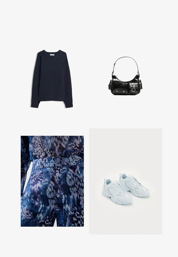 Marineblauwe trui met V-hals, lange mouwen, geribbelde boorden en zoom. Gemaakt van zacht breimateriaal, met een relaxte pasvorm en een minimalistisch ontwerp.; Blauwe en paarse gestreepte stof met een soepele textuur, met abstracte vormen en een aansluitende tailleband. Close-up van de details van het kledingstuk.; Lichtblauwe sportschoenen met een bovenwerk van mesh en synthetisch materiaal, voorzien van witte stippen en reflecterende accenten, vetersluiting en gevoerde zolen.; Zwarte laarzen in lakleer met een gebogen vorm, één schouderband, voorvakken en accenten in zilverkleurig metaal.