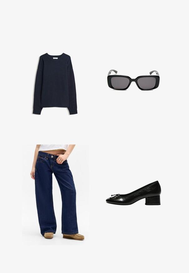 Navy modra pulover s V-izrezom, dolgimi rokavi, rebrastimi manšetami in spodnjim robom. Narejen iz mehke pletene tkanine, s sproščenim krojem in minimalnim dizajnom.; Široke temno modre jeans hlače iz denima s kontrastnim rumenim šivom, petimi žepi in zapenjanjem z gumbom. Tkanina ima gladko teksturo.; Črne lakirane čevlje s peto s krožno konico, majhna blok peta in naguban dodatek spredaj. Gladka tekstura z sijajnim zaključkom.; Črne pravokotne sončne očala z temnimi lečami, gladkim plastičnim okvirjem in ukrivljenimi nogicami. Oblika je robustna in minimalistična.