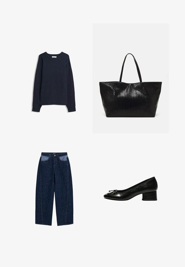 Navy blue sweater with a V-neck, long sleeves, ribbed cuffs and hem. Made of soft knit material, featuring a relaxed fit and minimal design.; Dark blue denim wide-leg jeans featuring a speckled texture, two front pockets with contrasting lighter fabric, and visible stitching details.; Black patent leather pump with a rounded toe, small block heel, and bow accent on the front. Smooth texture with a glossy finish.; Black woven tote bag with two sturdy handles, featuring a glossy texture and a spacious open top design.