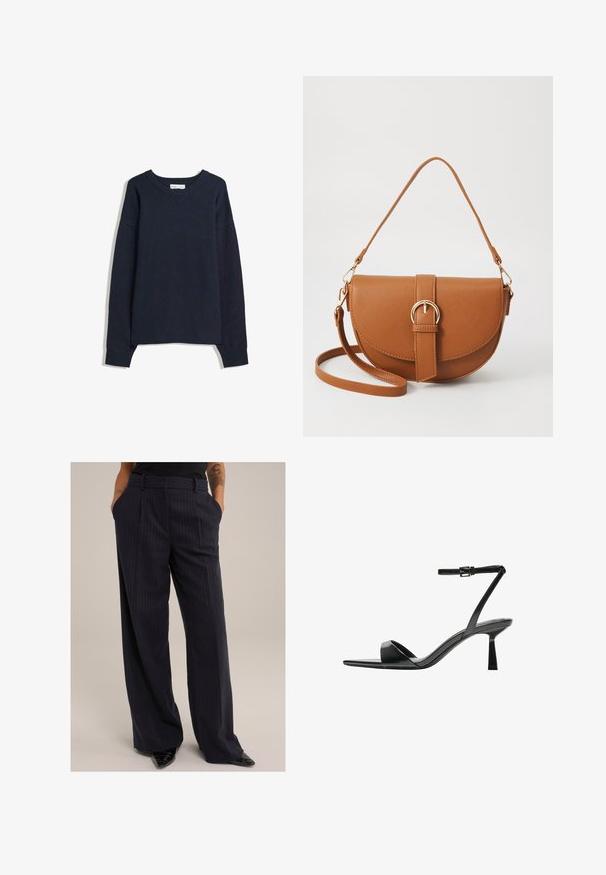 Marinblå tröja med V-hals, långa ärmar, ribbade ärmslut och nederkant. Tillverkad av mjukt stickat material, med en avslappnad passform och minimalistisk design.; Marina randiga vida byxor med hög midja, som har sidofickor och pressade veck, tillverkade av ett mjukt tyg.; Bershka Sandaletter - black; Brun läder crossbody-väska med en böjd form, gyllene detaljer och en spänneaccent. Har en avtagbar axelrem.