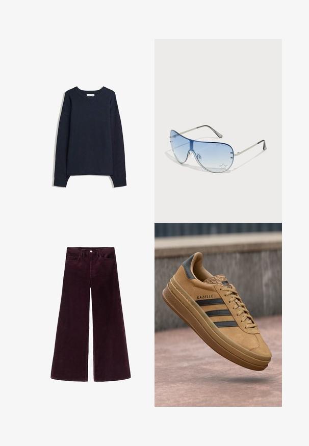 Marineblauwe trui met V-hals, lange mouwen, geribbelde boorden en zoom. Gemaakt van zacht breimateriaal, met een relaxte pasvorm en een minimalistisch ontwerp.; Wijde corduroy broek in diep bordeauxrood, met een hoge tailleband, knoopsluiting en klassiek vijf-pocket ontwerp met ribbelstructuur.; Tansuede sneakers met een gladde textuur, voorzien van drie donkere strepen, een ronde neus en een dikkere zool met een gemarmerde rand.; Aviator zonnebril met een gradient blauwe lens, zilveren metalen frame en decoratieve sterrenaccenten op de lens. Glad en strak ontwerp.; Bruine korte mouwen sweater gecombineerd met een groene leren tas met een gebogen ontwerp en gouden hardwaredetails, zittend op een houten stoel.