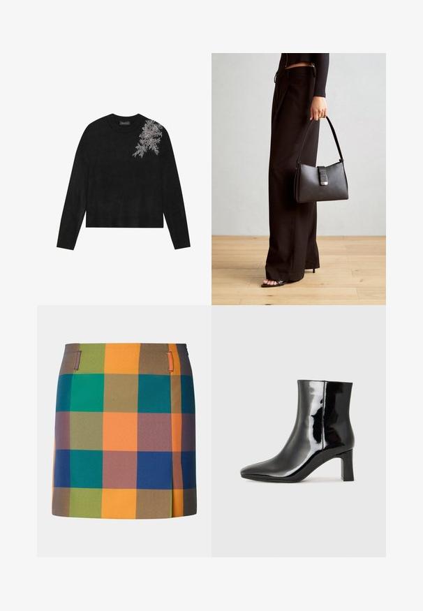 Suéter negro de mangas largas, con un escote redondo y un largo corto. Presenta un intrincado bordado floral en plata en el lado izquierdo.; Falda multicolor con un audaz patrón de cuadros que presenta cuadrados naranjas, verdes, azules y marrones. Diseñada con un corte recto y acentos laterales.; Botín de charol negro con punta afilada y un tacón de bloque de altura media. Textura suave y diseño minimalista.; Bolso negro con forma estructurada, textura suave y un cierre metálico. Combinado con pantalones anchos negros y sandalias de dedo en un suelo de madera.