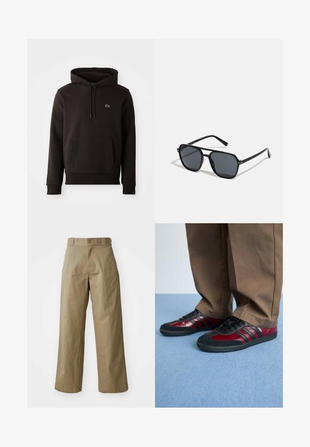 Fekete kapucnis pulóver puha anyagból, elülső kenguruzsebbel és egy kis színes logóval a mellkason. Bordázott mandzsetta és alsó szegély.; Kaki színű, bőszárú nadrág, pamut keverék anyagból készült, egy gombos záródással és látható oldalsó zsebekkel. Simaság, gyűrődés részletek.; Fekete és bordó sportcipők bőr és velúr anyagból, fekete fűzővel és három fekete csíkkal az oldalon. Gumi talp.; Fekete napszemüveg nyolcszögletű kerettel, sötét lencsékkel, fényes felülettel, vékony szárakkal és arany díszítéssel az elülső részén.