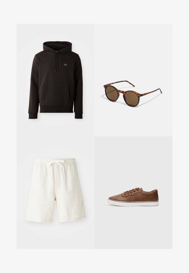 Black hooded sweatshirt made of soft fabric, featuring a front kangaroo pocket and a small colored logo on the chest. Ribbed cuffs and hem.; Linen shorts in light beige with an elastic waistband and drawstring. Features side pockets and a relaxed fit. Smooth texture.; Brown leather sneaker featuring a white sole, rounded toe, and lace-up design. Accented with a small red, white, and blue flag detail.; Round sunglasses with tortoiseshell frame and brown lenses. Features thin temples with slight texture and metal accents near the lenses.