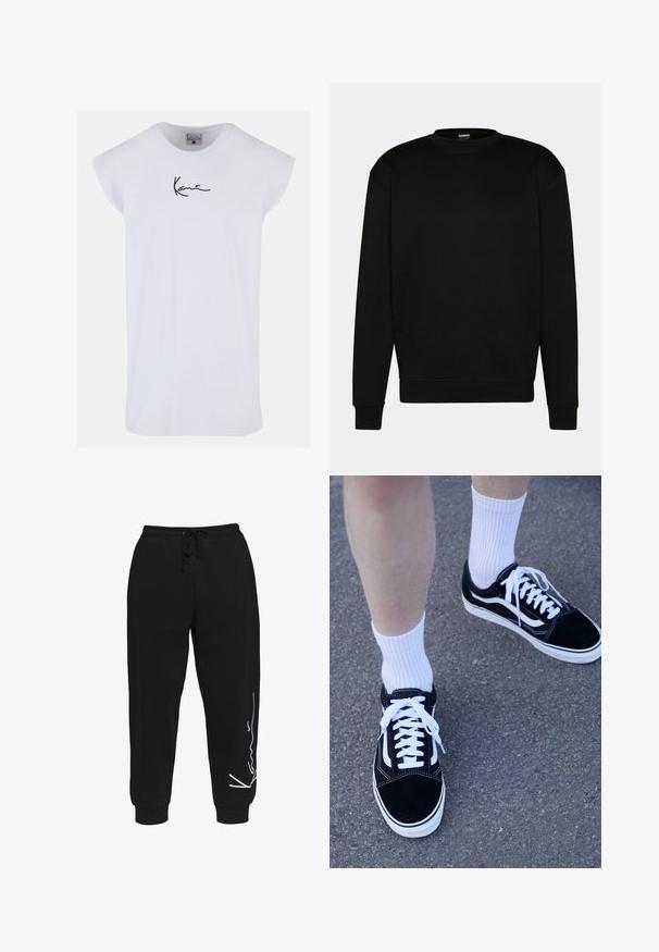 Black sweatshirt with a round neck, long sleeves, and ribbed cuffs. Made from soft fabric, featuring a simple, clean design without patterns.; Karl Kani SMALL SIGNATURE TEE - Top - white; Black sweatpants made of cotton, featuring an elastic waistband with drawstring, tapered legs, and a white logo design on the left side.; Black suede sneakers with white accents and laces, paired with white ribbed crew socks, positioned on a textured gray surface.