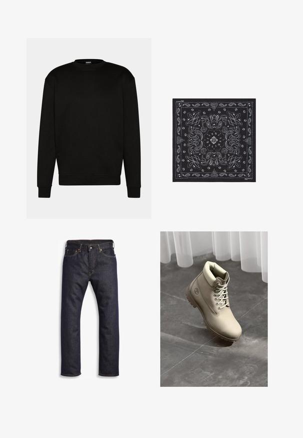 Svart sweatshirt med rund hals, långa ärmar och ribbade ärmslut. Tillverkad av mjukt material, med en enkel och ren design utan mönster.; Mörkblå denimjeans med rak passform, femficksdesign, metallkomponenter och kontrasterande orange sömmar. Slät textur, inga synliga mönster.; Beige snörkänga för arbete med vadderad krage och tjock sula på grått kakelgolv under vita genomskinliga gardiner.; Svart bandana med intrikata vita paisleymönster och blommor med prickdetaljer, tillverkad av lättviktig tyg, fyrkantig form.