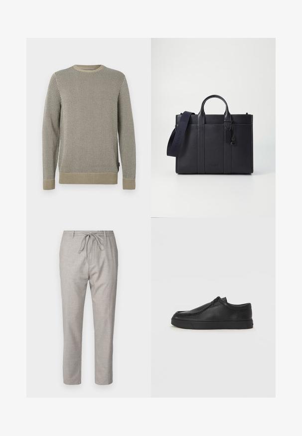 Pullover trui in een beige en zwart houndstooth patroon, met een ronde hals, ribgebreide manchetten en een textuurafwerking.; DRYKORN DEGER - Broek - brown; Zwarte leren instapschoen met een ronde neus, gestikte details en een zwarte rubberen zool. Soepele textuur met een minimalistisch ontwerp.; Donkerblauwe leren aktetas met dubbele bovenhandgrepen en een afneembare schouderband. Kenmerkt zich door een gestructureerde afwerking, verticale stiksels en een logo-detail.