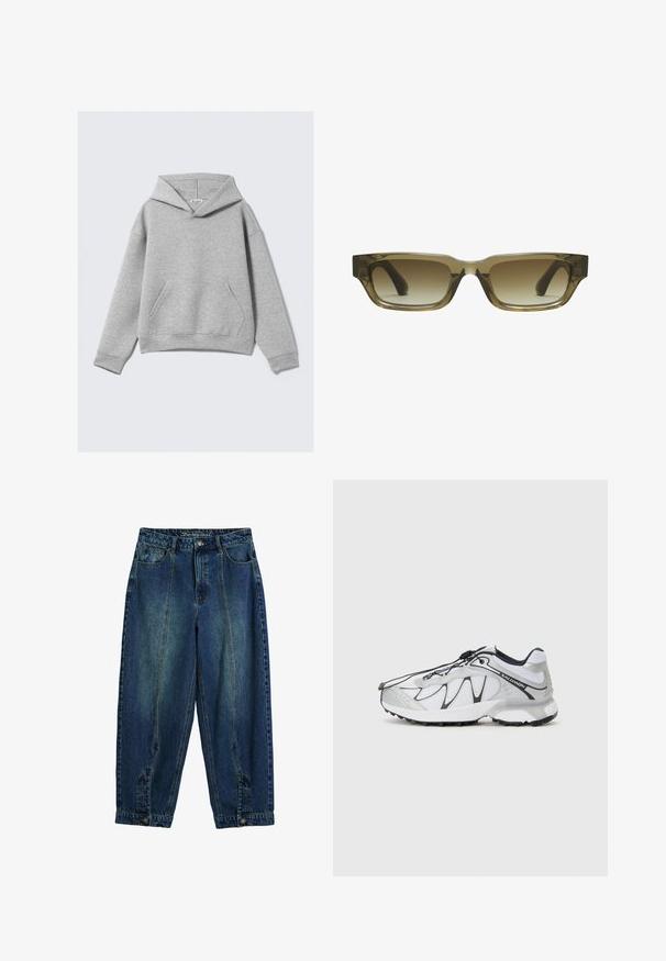 Grijze katoenen hoodie met een zak aan de voorkant, een ontspannen pasvorm en een capuchon met trekkoord, geribde zoom en manchetten. Soepele textuur, minimalistisch ontwerp.; Jeans met een klassieke blauwe wassing, hoge taille, losse pasvorm, voor- en achterzakken en knoopsluiting bij de taille.; Witte sportschoenen met een bovenkant van mesh, zwarte accenten, een textuur rubberen zool en een elastisch vetersysteem. Lichtgewicht met een modern ontwerp.; Bruine gradient zonnebril met een rechthoekige vorm, dikke stevige monturen en zwarte tempels. Transparant bruin materiaal voegt diepte toe.