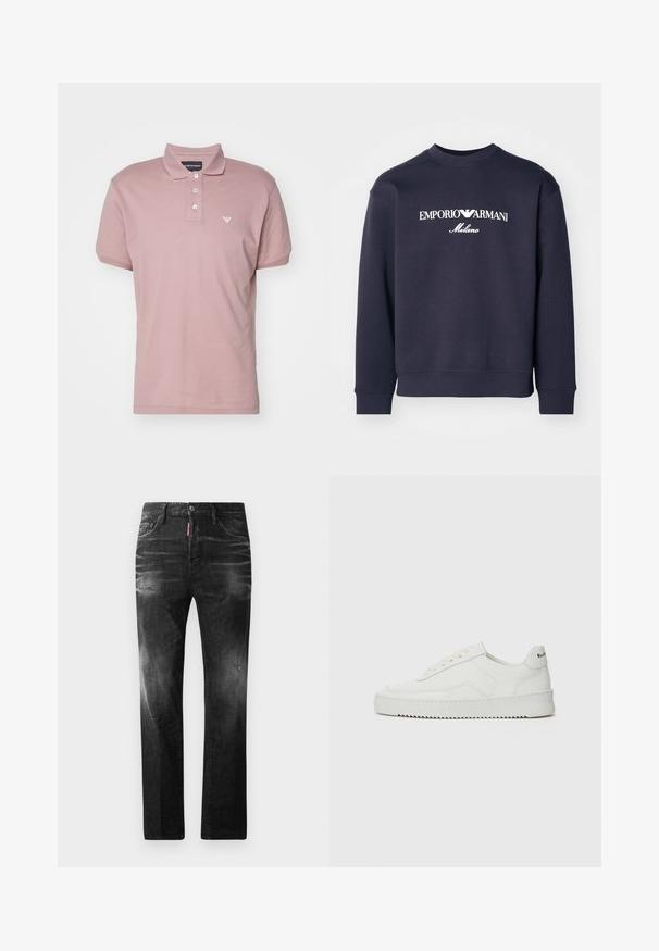 Námořnická modrá mikina s dlouhými rukávy, žebrovanými manžetami a kulatým výstřihem. Na přední straně jsou bílá loga "EMPORIO ARMANI" a "Milano".; Emporio Armani Polotričko - fawn; Černé džíny z denimu se rovnými nohavicemi. Obsahují vybledlé oblasti, drobné poškození, klasický pětikapsový design a zapínání na knoflík.; Bílé kožené tenisky s hladkým povrchem, kulatou špičkou, plochými tkaničkami a texturovanou podrážkou. Na patě se nachází nenápadné logo.