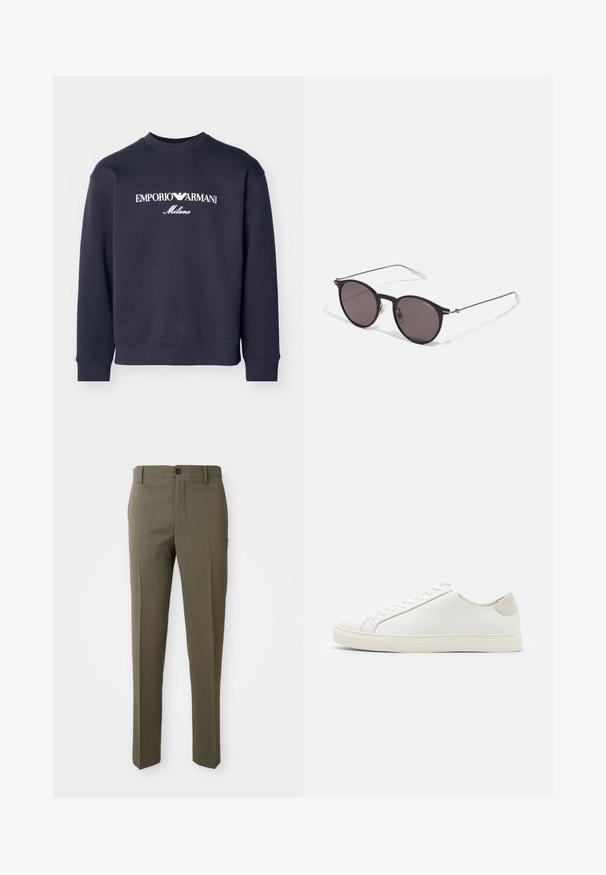 Mørkeblå sweatshirt med lange ærmer, ribbede manchetter og rund hals. Har hvite logoer "EMPORIO ARMANI" og "Milano" på forsiden.; Oliven grønne skræddersyede bukser med en glat tekstur, lige bendesign, enkelt frontknap og sidelommer for funktionalitet.; Hvite lærersneakers med en jevn overflate, rund tå og minimalistisk design. Har beige detaljer på hælen og en gummisåle.; Sorte, runde solbriller med mørke linser og slanke metalarmer. Inkluderer klare temple tips og sølvfargede detaljer ved hengslet. Minimalistisk design.