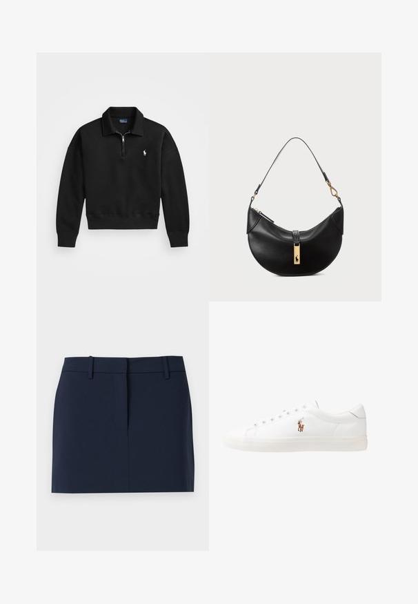 Black pullover sweatshirt made of soft fabric, featuring a half-zip collar, ribbed cuffs, and a small white logo on the left chest.; Navy blue skirt made of smooth fabric, featuring a waistband, a front opening, and clean lines without pockets or embellishments.; White leather sneakers, low-top design, featuring a smooth texture, round toe, laced front, and a small embroidered logo on the side.; Black leather handbag in a half-moon shape. Features a gold hardware accent and a narrow strap. Smooth texture, zipper closure at the top.