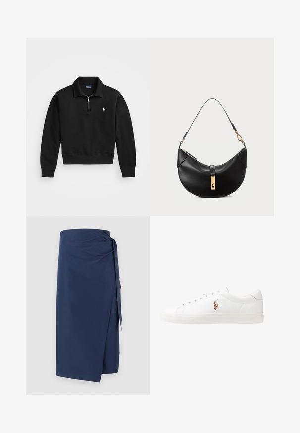 Sort pullover sweatshirt lavet af blød stof, med en halv-zip krave, ribbede manchetter og et lille hvidt logo på venstre bryst.; Marineblå surriskørt lavet af glat stof, med en bundet detalje, lige snit og en let draperingseffekt for ekstra tekstur.; Hvide lædersneakers, lavtop design, med en glat tekstur, rund tå, snørret front og et lille broderet logo på siden.; Sort læderhåndtaske i halvmåneform. Har en gylden hardwaredetalje og en smal rem. Glat tekstur, lynlås lukning øverst.