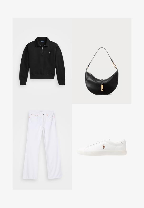 Felpa nera con collo a mezzo zip, realizzata in tessuto morbido, con polsini a coste e un piccolo logo bianco sul lato sinistro del petto.; Jeans a zampa d'elefante in denim bianco con cuciture arancioni, cinque tasche e chiusura con bottone di metallo. La superficie ha una finitura liscia e leggermente strutturata.; Sneakers in pelle bianca, design low-top, caratterizzati da una texture liscia, punta rotonda, chiusura con lacci e un piccolo logo ricamato sul lato.; Borsa a tracolla nera in pelle a forma di mezzaluna. Presenta un accento in metallo dorato e una tracolla sottile. Tessuto liscio, chiusura a cerniera nella parte superiore.