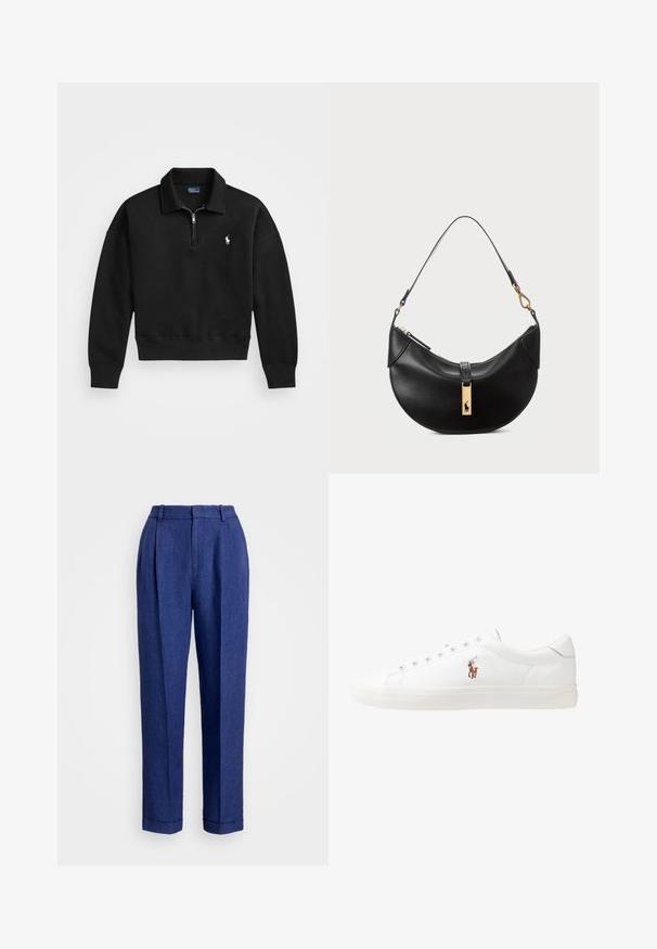 Črn pulover z zadrgo, narejen iz mehkega blaga, z ovratnikom na pol z zadrgo, ribanimi manšetami in majhnim belim logotipom na levem prsnem področju.; Modre lanene hlače z visokim pasom, nabranim sprednjim delom in manšetami. Imajo gladko teksturo in prilagojen dizajn za strukturiran videz.; Bela usnjena teniski čevlji, nizki model, z gladko teksturo, okrogle konice, vezavi spredaj ter majhnim vezenim logotipom na strani.; Črna usnjena torbica v obliki polmeseca. Ima zlato kovinsko dekoracijo in ozek trak. Gladka tekstura, z zadrgo na vrhu.