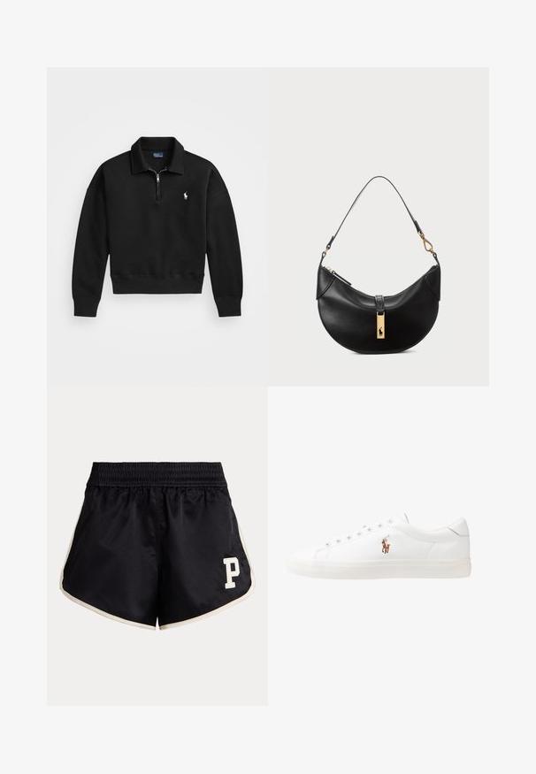 Černý pulovrový svetr vyrobený z měkké látky, s límečkem na půl zip, žebrovanými manžetami a malým bílým logem na levé straně hrudníku.; Černé sportovní šortky s nabíraným pasem, béžovými bočními pruhy a krémovým logem písmene "P" na levém stehně.; Bílé kožené tenisky, nízký střih, s hladkým povrchem, kulatou špičkou, šněrováním v přední části a malým vyšitým logem na boku.; Černá kožená kabelka ve tvaru půlměsíce. Obsahuje zlaté kovové detaily a úzký popruh. Hladký povrch, zapínání na zip na vrchu.