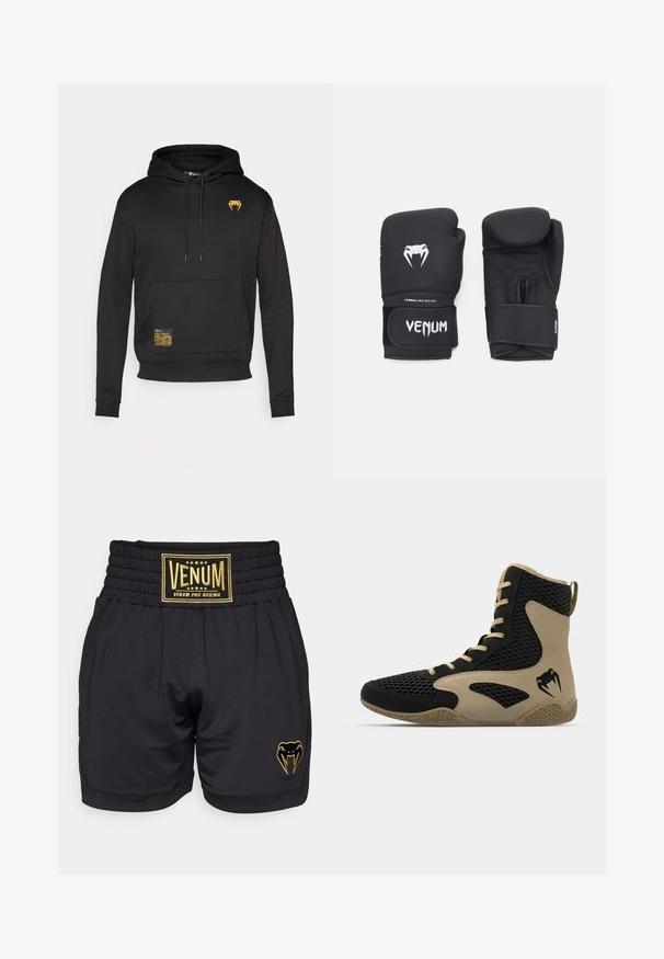 Μαύρη φούτερ από μαλακό ύφασμα, με μπροστινή τσέπη, κουκούλα με κορδόνι, και χρυσό λογότυπο στο στήθος με υφασμάτινη κίτρινη ετικέτα.; Μαύρες μποξέρ σορτς με υφαντή ελαστική μέση, που διαθέτουν μια εξέχουσα χρυσή ετικέτα "Venum Pro Boxing" και ένα λογότυπο φιδιού στο πόδι.; Αθλητικά παπούτσια τύπου ψηλή με μαύρο διχτυωτό εξωτερικό και εκρού λεπτομέρειες. Υφή από καουτσούκ στην σόλα και λογότυπο στη πλευρά.; Μαύρα γάντια μποξ με λεία υφή, που διαθέτουν λευκό λογότυπο Venom και προσαρμόσιμο ιμάντα με αυτοκόλλητο για ασφαλή εφαρμογή.