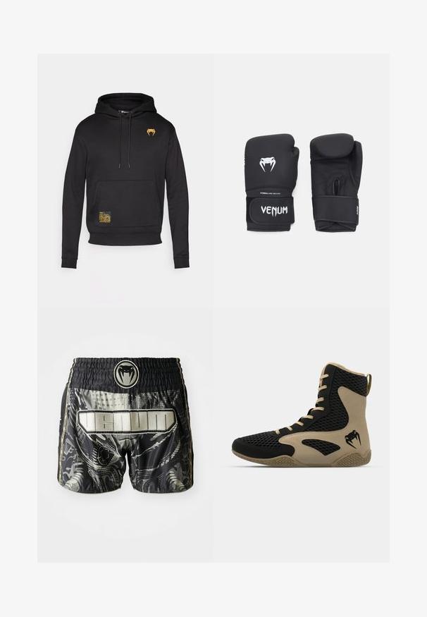 Juodas džemperis iš minkštos medžiagos, turintis priekinę kišenę, kapišoną su raišteliais ir auksinį logotipą ant krūtinės su tekstūrine geltona etikete.; Juodos ir pilkos raštuotos šortai su elastinga juosta, su logotipu ir tekstu "VENUM" drąsiu, blizgiu paviršiumi.; Aukštesni sportiniai batai, turintys juodą tinklinį paviršių su smėlio spalvos akcentais. Tekstūruota gumos pašiūrė ir logotipo detalė šonėje.; Juodos bokso pirštinės su lygiu paviršiumi, su baltu "Venom" logotipu ir reguliuojamu kabliuko ir kilpelės dirželiu, užtikrinančiu saugų prigludimą.