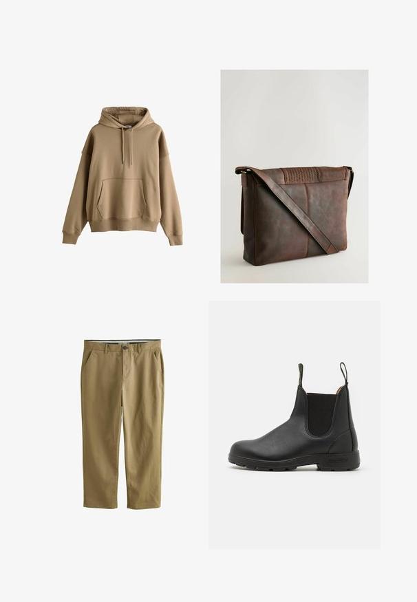 Béžová oversized mikina vyrobená z měkkého materiálu, s velkou přední kapsou, kapucí se stahovací šňůrkou a žebrovanými manžetami a lemem.; Khaki chinos vyrobené z bavlněné směsi, se dvěma bočními kapsami, zapínáním na knoflík, rovnými nohavicemi a hladkou texturou.; Černá kožená Chelsea obuv s elastickými bočními panely, poutkem na patě, robustní gumovou podrážkou a prošívanými detaily. Hladký povrch po celém obvodu.; Hnědá kožená brašna přes rameno s strukturovaným klopem, vybavená dlouhým nastavitelným popruhem a viditelnými švy. Hladký, matný povrch.