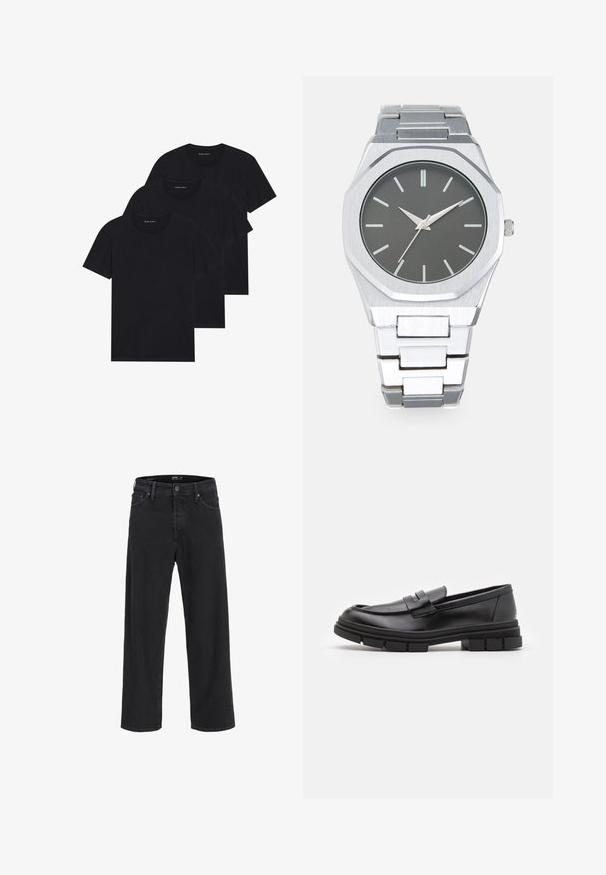 Maglione nero lavorato a maglia con un design grafico bianco con bordi frastagliati sul petto. Collo a giro e polsini a coste.; Tre t-shirt in cotone nere con scollo rotondo, maniche corte e un design semplice. Ogni maglietta presenta un logo visibile vicino allo scollo.; Jeans in denim nero a gamba dritta con chiusura a bottone e zip, passanti per cintura e tasche anteriori e posteriori.; Mocassini in pelle nera con finitura liscia, dotati di un dettaglio di cinturino anteriore e di una suola in gomma spessa con accenti scanalati.; Orologio analogico argento con cassa ottagonale, quadrante grigio, indicatori delle ore argentati e bracciale in acciaio inossidabile. Design minimalista con texture liscia.