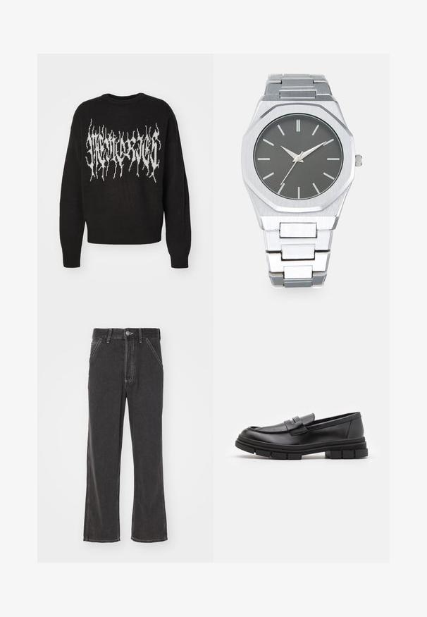 Suéter negro de punto con un diseño gráfico blanco con bordes afilados y dentados en el pecho. Cuello redondo y puños acanalados.; Jeans de mezclilla negra acampanados con una cintura alta, costuras en contraste, bolsillos frontales y un cierre de botón. El material parece resistente con una textura suave.; Mocasines de piel negra con un acabado suave, que presentan un detalle de correa en la parte delantera y una suela de goma gruesa con acentos acanalados.; Reloj analógico plateado con caja octagonal, esfera gris, marcadores de hora plateados y pulsera de eslabones de acero inoxidable. Diseño minimalista con textura suave.