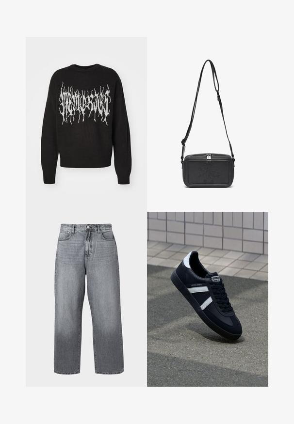 Juodas megztinis su baltu grafikiniu dizainu, turinčiu aštrius dantytus kraštus krūtinės srityje. Apvalus kaklas ir megztos rankogaliai.; Pilkas džinsinis plataus kirpimo kelnes su aukštu liemeniu, penkių kišenių dizainu ir metaliniu užsegimu. Audinys šiek tiek nudilęs prie apvado.; Juodas odinis sportinis batelis su baltais dryžiais, tekstūruota gumine padais ir raišteliais priekyje. Yra prekės ženklą žymintis etiketė ant liežuvio.; Juodas odinis per petį nešiojamas krepšys su užtrauktuku, iškilniu logotipu priekyje ir reguliuojama dirželiu. Lygus paviršius, stačiakampio formos.