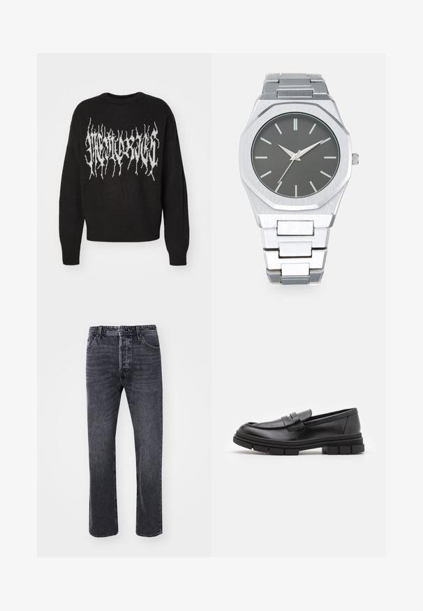 Fekete kötött pulóver, fehér grafikai dizájnnal, éles, fogazott széllel a mellrészen. Kerek nyakú és bordázott mandzsettákkal.; Fekete farmernadrág egyenes szabással, öt zsebbel, gombos záródással és enyhe kopással az anyagon.; Fekete bőr loaferek sima felülettel, elülső pánt részlettel és vastag, bordázott gumitalpakkal.; Ezüst analóg óra nyolcszögletű tokban, szürke számlappal, ezüst órajelzőkkel és rozsdamentes acél link karkötővel. Minimalista design sima felülettel.