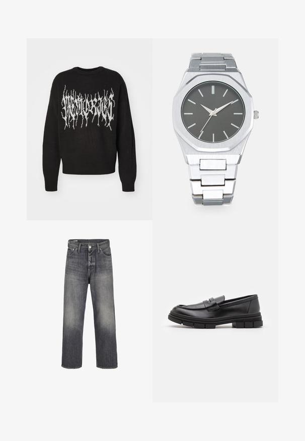 Černý pletený svetr s bílým grafickým designem s ostrými zubatými okraji přes hrudník. Kolečkový výstřih a žebrované manžety.; Džínové kalhoty v bledě černé barvě, s přímým střihem, pěti kapsami a kovovým zapínáním na knoflík v pase.; Černé kožené mokasíny s hladkým povrchem, se zapínáním vpředu a masivní gumovou podrážkou se vroubkovanými detaily.; Stříbrné analogové hodinky s osmiúhelníkovým pouzdrem, šedým ciferníkem, stříbrnými indexy a nerezovým ocelovým náramkem. Minimalistický design s hladkou texturou.