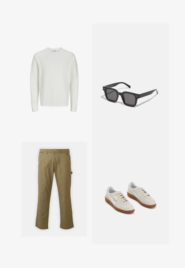 Dlouhý rukáv, košile v off-white barvě, texturovaná látka. Design s kulatým výstřihem, bezšvové ramena a rovný spodní lem. Žádné viditelné vzory ani akcenty.; Khaki kalhoty z hladkého materiálu, s knoflíkovým zapínáním, poutky na opasek, dvěma předními kapsami a boční kapsou, s rovnými nohavicemi.; Krémové semišové tenisky s bílými koženými detaily a hnědými gumovými podrážkami. Mají kulatou špičku, tkaničky a zlaté logo na boku.; Černé obdélníkové sluneční brýle s tmavými skly, disponující silným rámem, decentními akcenty po stranách a bez viditelných log kromě názvu značky.