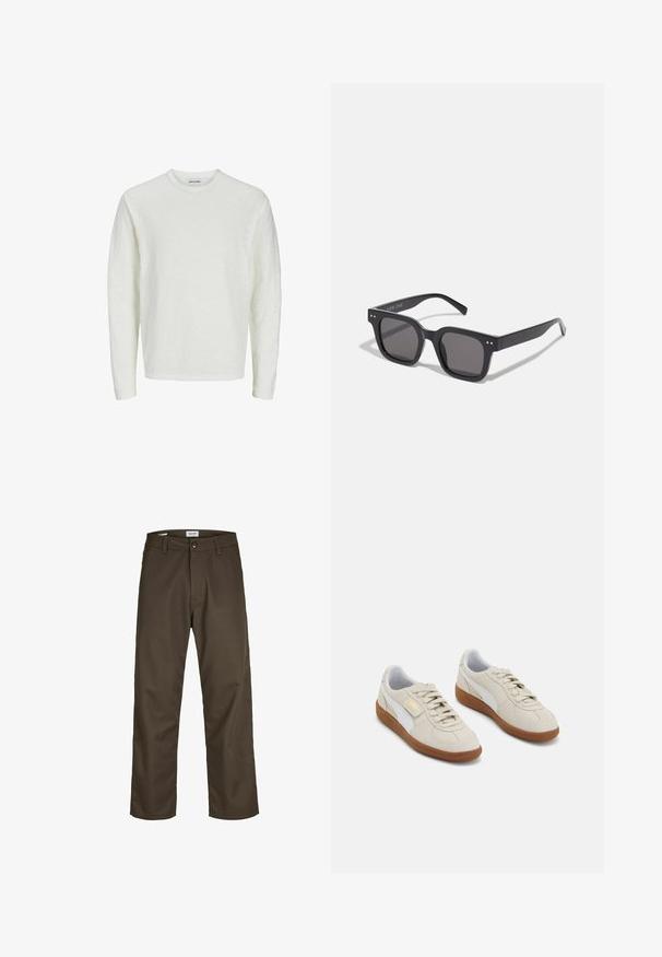 Ilga piedurkne krekls krēmīgi baltā krāsā, teksturētā audumā. Apaļas kakla izgriezuma dizains ar bezšuvju pleciem un taisnu apakšmalu. Nav redzamu rakstu vai akcentu.; Tumši brūni šina ar taisnam kājām, izgatavota no izturīga auduma. Ietver pogu aizdari un priekšējās kabatas. Gluda tekstūra.; Beige zamšveida sporta apavi ar baltām ādas akcentiem un brūniem gumijas zole. Iespējas: apaļa purngala forma, šņorēšana un zelta logo sānos.; Melnas taisnstūra saulesbrilles ar tumšiem stikliem, kuras iezīmē bieza rāmja konstrukcija, diskrēti akcenti sānos, un nav redzamu logo ārpus zīmola nosaukuma.