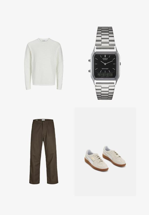 Chemise à manches longues en blanc cassé, en tissu texturé. Design à col rond avec épaules sans couture et ourlet droit. Pas de motifs ni d'accents visibles.; Chinos marron foncé avec une coupe droite, confectionnés en tissu durable. Présentent une fermeture à bouton et des poches avant. Texture lisse.; Baskets en daim beige avec des accents en cuir blanc et des semelles en caoutchouc marron. Présentent un bout rond, des lacets et un logo doré sur le côté.; Montre en acier inoxydable argenté avec un cadran rectangulaire noir, dotée d'aiguilles analogiques, d'un écran numérique et d'un label d'étanchéité.