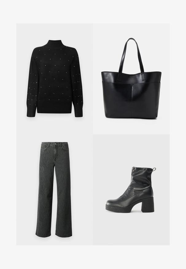 Black turtleneck sweater featuring a ribbed collar and sleeves, adorned with scattered metallic embellishments throughout the body.; Wide-leg jeans in dark gray denim, featuring a subtle zebra-pattern texture, contrast stitching, and five-pocket design with a button fly.; Black ankle boots made of smooth leather, featuring a side zipper, chunky textured heel, and rounded toe design.; Black leather tote bag with two long handles, a smooth texture, and a structured shape. Features a front pocket for additional storage.