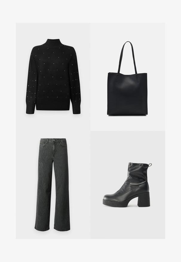 Melna turtlenecka džemperis ar ribotu apkakli un piedurknēm, rotāts ar izkaisītām metāliskām dekorācijām visā ķermenī.; Plaša kāju džinsi tumši pelēkā denimā, ar vieglu zebra rakstu tekstūru, kontrastējošām šuvēm un piecu kabatu dizainu ar pogu aizdari.; Melni potītes zābaki, kas izgatavoti no gludas ādas, ar sānu rāvējslēdzēju, masīvu strukturētu papēdi un noapaļotu purngalu.; Melnas ādas somiņa ar gludu tekstūru, taisnstūra formu un divām garām rokturiem. Nav redzamu aparatūras vai rotājumu.