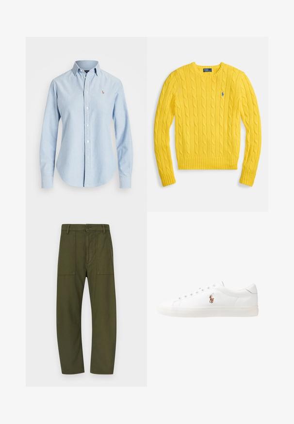 Sárga kötött pulóver kerek nyakkal, bordázott mandzsettákkal és szegéllyel, a mellkason kék hímzett logóval. Puha tapintású anyag.; Világoskék, pamut anyagú ing, hosszan nyitható ujjal, hegyes gallérral, és egy kicsi, hímezett logóval a bal mellen.; Olívazöld, normál szabású pamutnadrág két elülső felvarrt zsebbel és gombos derékmegoldással.; Fehér bőr sportcipők, alacsony fazonban, sima textúrával, kerek orral, fűzős előlappal és egy kis hímezett logóval az oldalon.