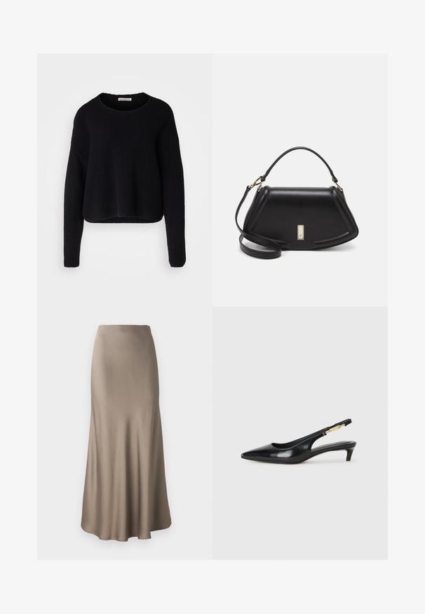 Pullover sweater nero, testurizzato, con maniche lunghe, un ampio scollo rotondo e un orlo corto. Tessuto morbido con una finitura elasticizzata.; Lunga gonna in satin marrone con una texture liscia, caratterizzata da una silhouette fluida e un orlo leggermente svasato. Nessun hardware o motivo visibile.; Tacchi slingback in pelle nera con punta affusolata, caratterizzati da un tacco alto e un accento dorato sulla cinghia regolabile. Texture liscia.; Borsa a mano in pelle nera con un design strutturato, caratterizzata da una forma corta, manico superiore e accessori in metallo dorato. Inclusa tracolla regolabile.