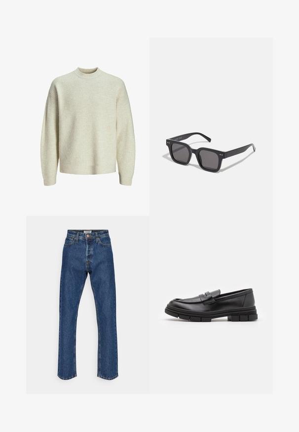 Šviesiai smėlio spalvos megztinis su tekstūruota, vaflinio rašto danga. Pasižymi aukštu kaklu ir ribiškomis rankovėmis bei apačia. Minkšta, vidutinio svorio medžiaga.; Tamsiai mėlynos džinsinės kelnes su aukštu liemeniu ir tiesiomis kojomis. Ypatybės: mygtuko uždarymas, penkios kišenės ir kontrastingas siuvinėjimas.; Juodi odiniai loaferiai su lygia apdaila, turintys priekinį dirželio akcentą ir storą guminį padą su grioveliais.; Juodos stačiakampės saulės akinių su tamsiais lęšiais, turinčiais storą rėmelį, subtilias detales šonuose ir be matomų logotipų, išskyrus prekės pavadinimą.