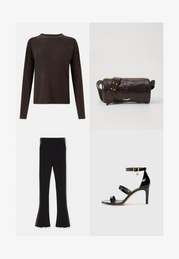 Musta ruskea pitkähihaisen neuleen paita, jossa on pyöreä kaulus sekä ribbauskudot hihansuissa ja helmassa, esiteltynä tasaisella valkoisella taustalla.; Mustat levenevät housut, joissa on sileä pinta, koristeelliset metalliosat molemmilla puolilla ja halkiot hemissä.; Musta patentoitu nahkasandaali, jossa on kolme hihnaa, nilkkasolki ja 4 tuuman stiletto-korko. Varustettu kultaisilla yksityiskohdilla ja logokoristeella.; Ruskea krokotiilinkuosilla varustettu nahkalaukku, jossa on sylinterimäinen muoto, kultasävyiset yksityiskohdat ja irrotettava hihna, jossa on niittejä.