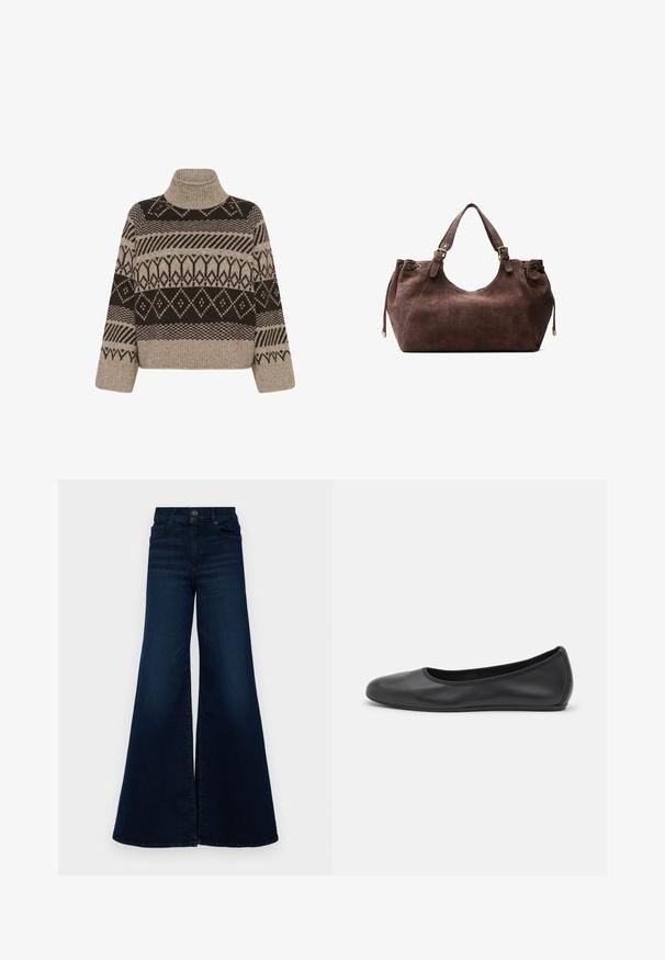 Gebreide trui met een vrouwelijke kraag, voorzien van een geometrisch patroon in donkerbruin en beige, met geribde zoom en manchetten.; FRAME LE PALAZZO - Flared Jeans - dante; Zwarte leren ballerina met een ronde neus, gladde textuur, minimale stikdetails en een flexibele zoolontwerp.; Bruine suède schoudertas met een ronde vorm, dubbele bovenhandvatten, trekkoordsluiting en accenten van goudkleurig beslag.