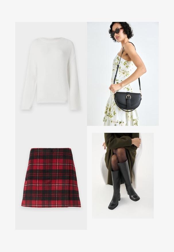 Hvit, langermet genser laget av teksturert stoff. Har en rund halsutskjæring og en avslappet passform med senkede skuldre.; Rød og svart rutete miniskjørt, laget av mykt stoff med en flare-fasong, med horisontal søm og velsydd kant.; Knæhøye sorte lærstøvler med firkantet tå og blokkhelt, vist med en modell som sitter iført en olivengrønn kåpe. Glatt tekstur, minimal detaljering.; Svart lærveske med en buet form, avtagbar stropp og gullbeslag. Vesken har et klaff med spenne-detall.