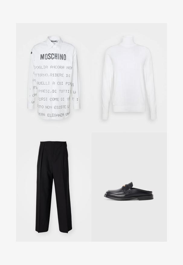 White turtleneck sweater with long sleeves, made of smooth fabric. Features a fitted design and ribbed cuffs and hem. No patterns or accents.; White long-sleeve shirt with a pointed collar, featuring black text and graphic designs printed on the front and back. Button-down closure.; Black pleated trousers with a straight, wide-leg design. Made from smooth fabric, featuring a button closure and belt loops.; Black leather slip-on shoe with a rounded toe, low heel, and woven design detail on the upper. Features minimalistic styling and smooth texture.