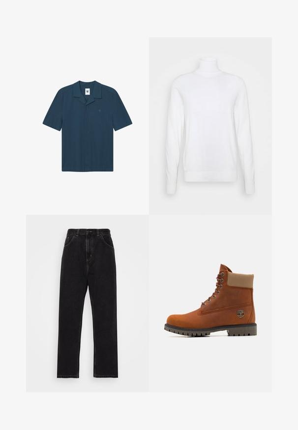 Suéter blanco de cuello alto y mangas largas, hecho de una tela suave. Presenta un diseño ajustado y puños y dobladillo acanalados. Sin patrones ni acentos.; Camisa de botones de manga corta, de color azul oscuro, hecha de una tela ligera. Presenta un collar plano, un solo logo en el pecho y un diseño de corte recto.; Vaqueros de mezclilla negra con un diseño de pierna recta, que cuentan con cinco bolsillos, un cierre con botón y cremallera, y costuras en amarillo contrastante.; Timberland Botines con cordones - medium orange