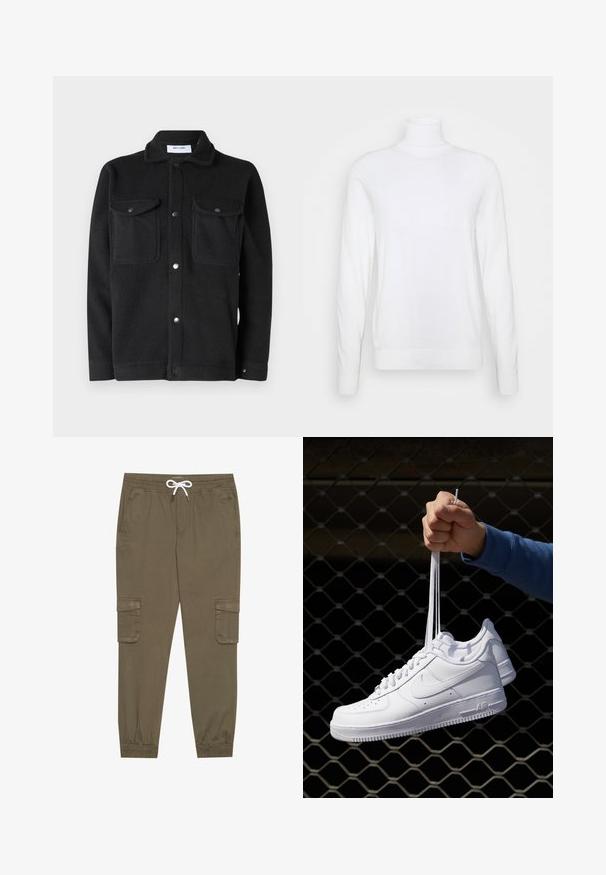 Hvit skjorte med høy hals og lange ermer, laget av glatt stoff. Har en tettsittende design med ribbede mansjetter og kant. Ingen mønstre eller detaljer.; Only & Sons ONSEMILIO - Skjorte - black; Khaki cargo bukser med elastisk livrem og snor, med sidelommer og mansjetterte ankler. Laget av et teksturert, lett materiale.; Hvite skinnsneakers med perforeringer, rund tå, flat såle og tykke lisser, med en synlig swoosh-logo og "AIR" på hælen.