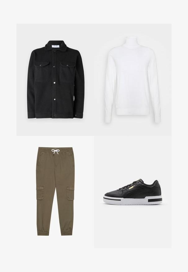 Bijela turtleneck majica dugih rukava, izrađena od glatkog materijala. Ima elegantan kroj s rebrastim manžetama i donjim rubom. Bez uzoraka ili dodataka.; Only & Sons ONSEMILIO - Majica - black; Khački cargo hlače s elastičnom strukom i vezicom, s bočnim džepovima i suženim gležnjevima. Izrađene od teksturiranog, laganog materijala.; Crne kožne tenisice s bijelim potplatom, perforiranim nosom, zlatnim logotipom, podstavljenim ovratnikom i kontrastnim crnim detaljima sa strane.