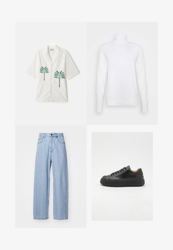 Valkoinen poolopaita pitkähihaisena, valmistettu sileästä kankaasta. Ominaisuuksiin kuuluu vartalon myötäinen muotoilu sekä ribbitekniikalla tehdyt hihansuut ja helma. Ei kuvioita tai koristeita.; OFFICINE GENERALE LUIS PALMTREE EMBROIDE - Vapaa-ajan kauluspaita - ecru; Vaaleansiniset farkut, joissa on leveä lahje, etutaskut, napitus ja yksityiskohtainen ompelu saumoissa.; Mustat nahkasneakerit, joissa on pyöreä kärki, nauhakiinnitys edessä, sileä pinta, paksu kumipohja ja kontrastoiva vaaleanruskea sisustus.