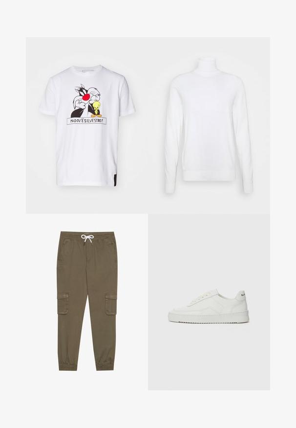 White turtleneck sweater with long sleeves, made of smooth fabric. Features a fitted design and ribbed cuffs and hem. No patterns or accents.; White cotton T-shirt featuring a graphic of Sylvester the Cat and Tweety Bird, with text "MADOVÉ SILVESTRO?" below the design.; Khaki cargo pants with an elastic waistband and drawstring, featuring side pockets and cuffed ankles. Made from a textured, lightweight material.; White leather sneaker with a smooth finish, round toe, flat laces, and a textured sole. Features a subtle logo on the heel.