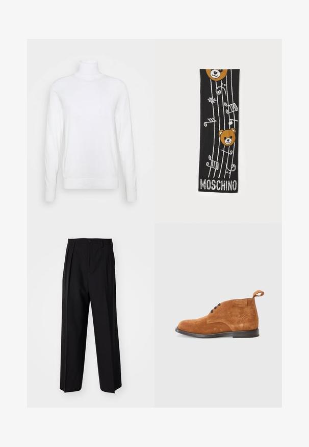 Valge kõrge kaelusega kampsun pikkade varrukatega, valmistatud siledast kangast. Omab sobivat lõiget ning üldiselt ribaroheline varrukate ja küljepidi. Ei sisalda mustreid ega aktsente.; Mustad volditud püksid sirge ja laia säärega disainiga. Valmistatud siledast kangast, millel on nuppudega sulgemine ja vööaasad.; Pruunist nahast pahkluu saapad ümarate varvastega, mustade paeltega, tõmblukk ja madal must tald. Sujuv tekstuur, minimalistlik disain.; Must musträtik, millel on kaks pruuni karu pead, muusikanoote ja valge "MOSCHINO" tekst all. Pehme tekstuur ja detailne disain.
