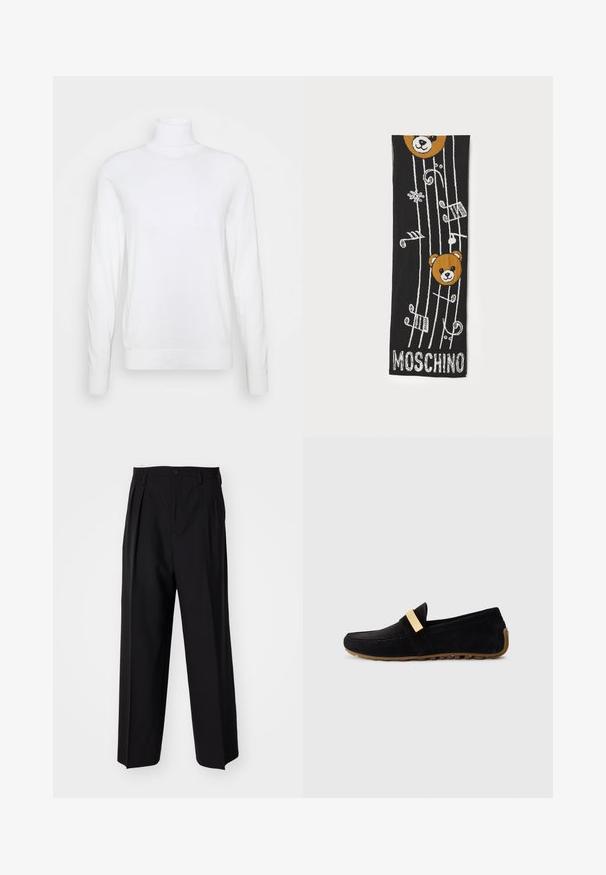 Hvid turtleneck sweater med lange ærmer, lavet af glat stof. Har et tætsiddende design og ribbede manchetter og kant. Ingen mønstre eller accenter.; Sorte plisserede bukser med et lige, bred ben-design. Fremstillet af glat stof, med en knaplukning og bæltesløjfer.; Sorte suede loafers med en guldtonet bånd over vristen, flad gummisål med struktureret greb og et afrundet tådesign.; Sort strikket tørklæde med to brune bjørnehoveder, musiknoter og teksten "MOSCHINO" i hvid nederst. Blød tekstur med detaljeret design.