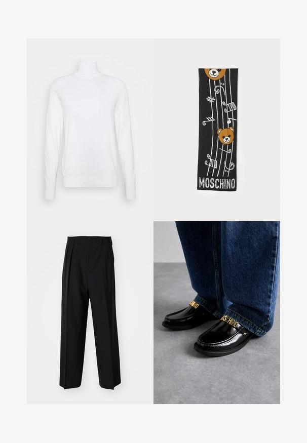 Pulover alb cu guler înalt, cu mâneci lungi, fabricat dintr-un material neted. Are un design ajustat și manșete și margine împălată. Fără modele sau accente.; Pantaloni negri plisat cu un design drept și pantaloni largi. Construiți dintr-un material neted, prevăzuți cu închidere cu nasture și bucle pentru curea.; MOSCHINO SCARPA UOMO - Pantofi slip-on - nero; Șal negru tricotat, cu două capete de urs maro, note muzicale și textul "MOSCHINO" în alb în partea de jos. Textură moale cu un design detaliat.