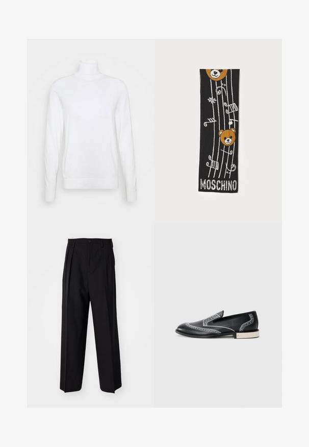 Vit polotröja med långa ärmar, tillverkad av slät tyg. Har en figurnära design och ribbade ärmslut och nederkant. Ingen mönster eller detaljer.; Svarta plisserade byxor med en rak, bred bendesign. Tillverkade av ett slätt tyg, med knäppning fram och bälteshällor.; Svarta läderskor i loafermodell med vit dekorativ sömnad och en metallisk detalj på klacken, med en slät textur och strömlinjeformad silhuett.; Svart stickad scarf med två bruna björnhuvuden, musiknoter och texten "MOSCHINO" i vitt längst ner. Mjuk textur med detaljerad design.