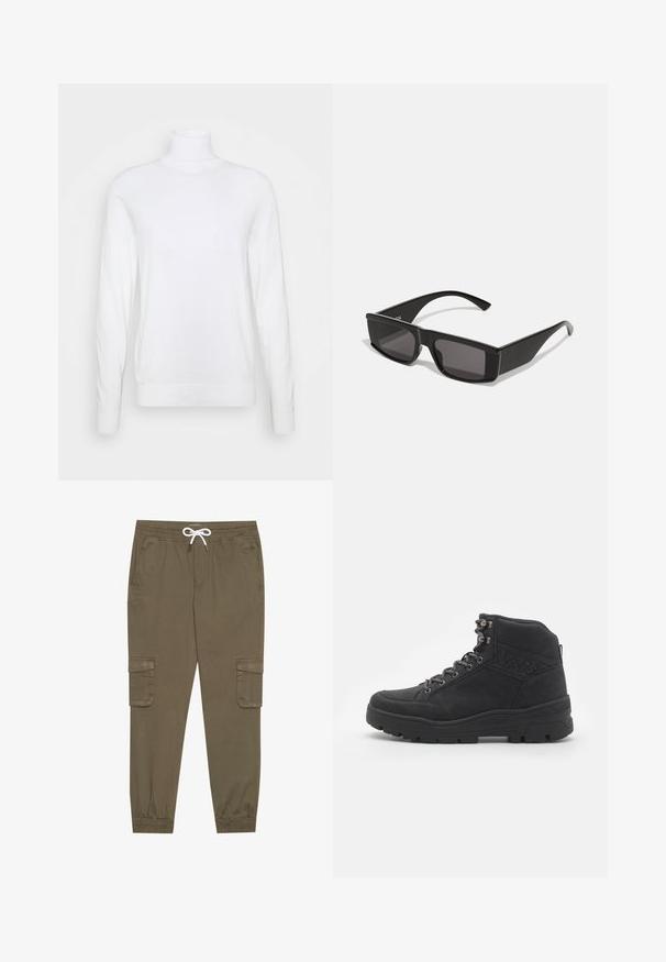 Maglione bianco a collo alto con maniche lunghe, realizzato in tessuto liscio. Presenta un design aderente e polsini e orlo a coste. Senza motivi o dettagli.; Pantaloni cargo khaki con elastico in vita e cordino, dotati di tasche laterali e caviglie cuffiate. Realizzati in un materiale leggero e testurizzato.; Stivali neri fino alla caviglia realizzati in suede. Presentano occhielli in metallo, lacci e una suola in gomma testurizzata con un tacco rinforzato.; Occhiali da sole neri con montatura rettangolare e lenti scure. Realizzati in plastica lucida, presentano un design angolare e tempietti sottili.